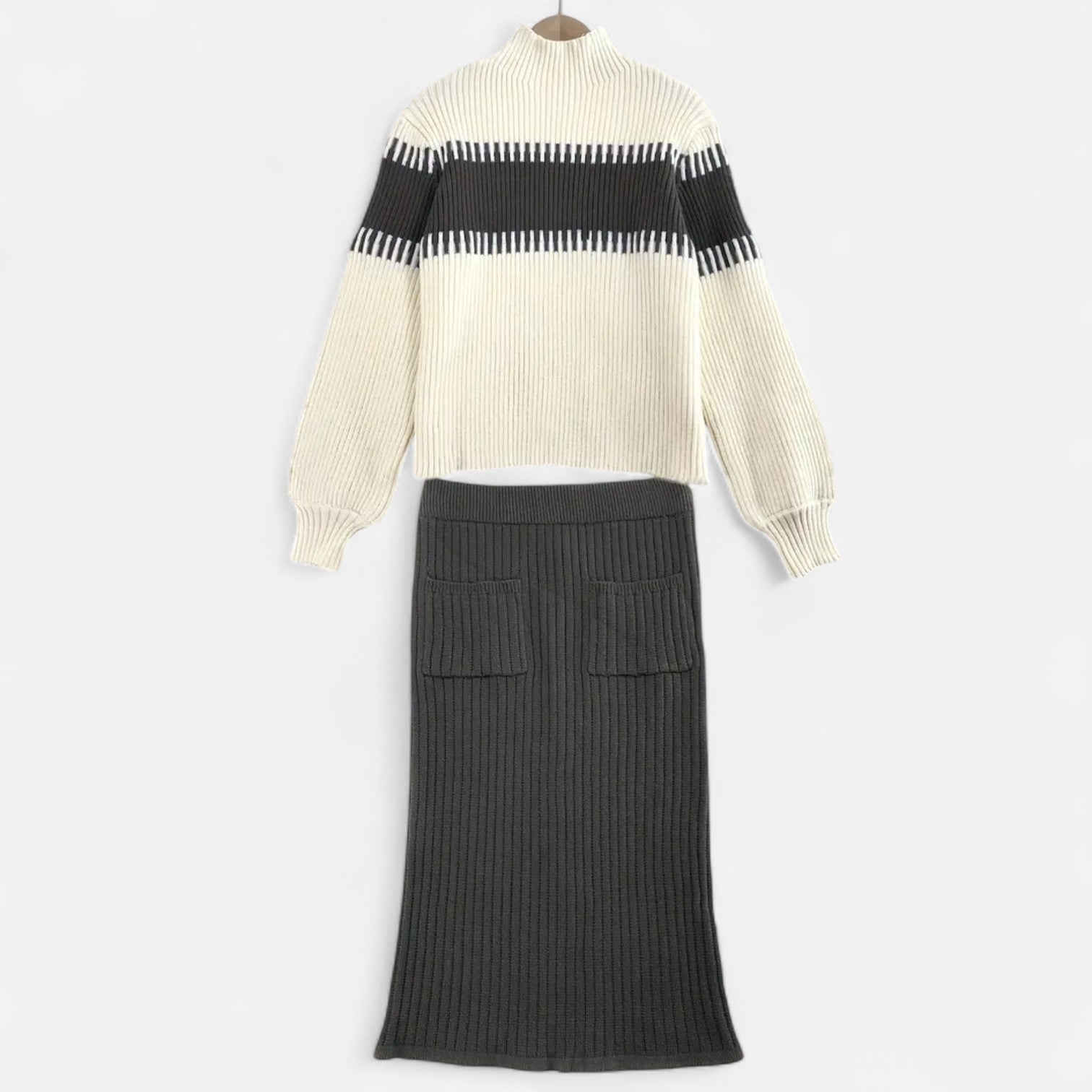 Dorevelle | Ensemble en Maille pour Femmes – Pullover à Col Haut et Jupe Mi-Longue Élégante