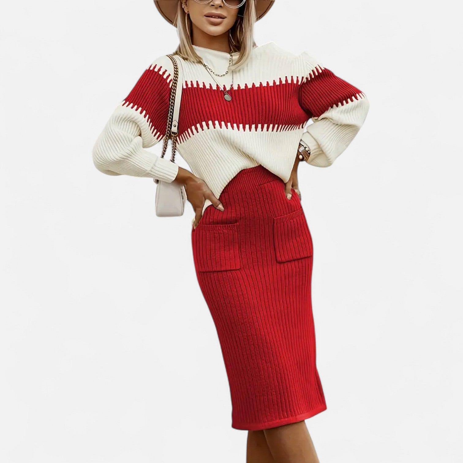 Dorevelle | Ensemble en Maille pour Femmes – Pullover à Col Haut et Jupe Mi-Longue Élégante