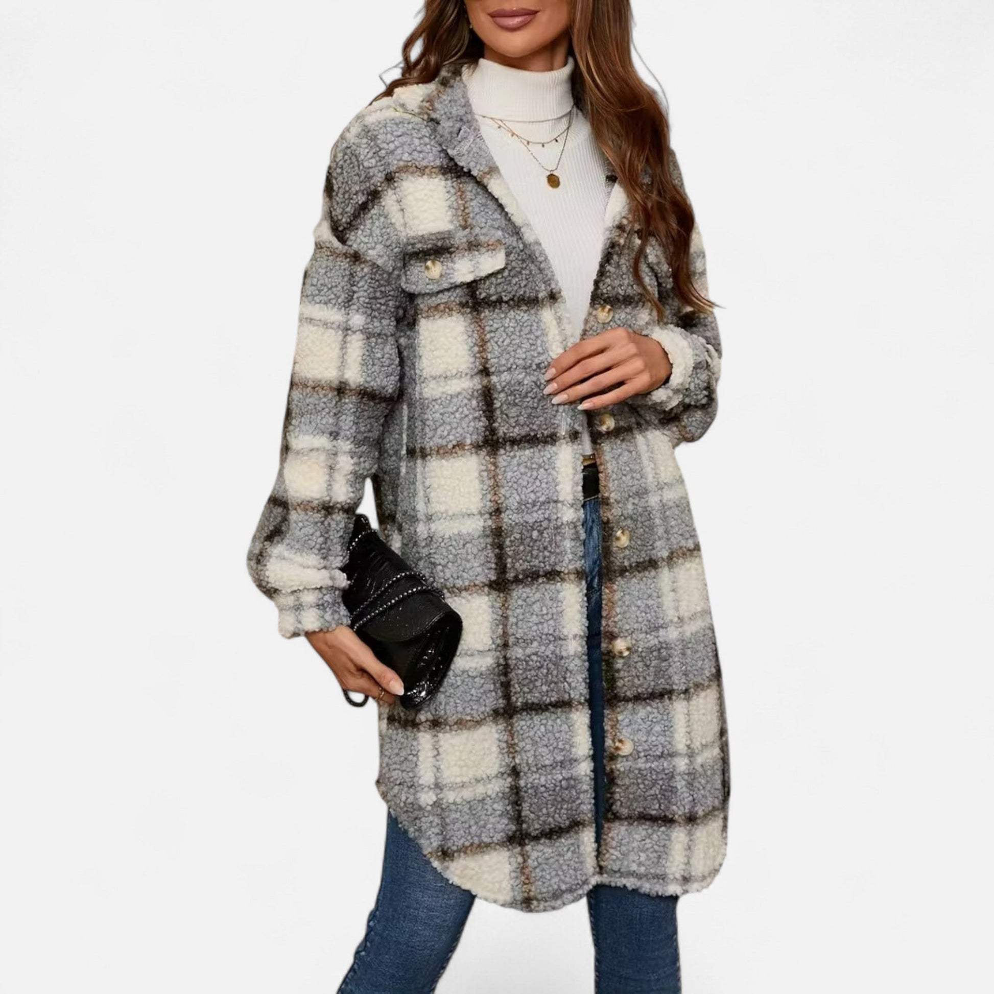 Dorevelle Women's Cozy Plaid Fuzzy Jacket with Button-Front Longline Style