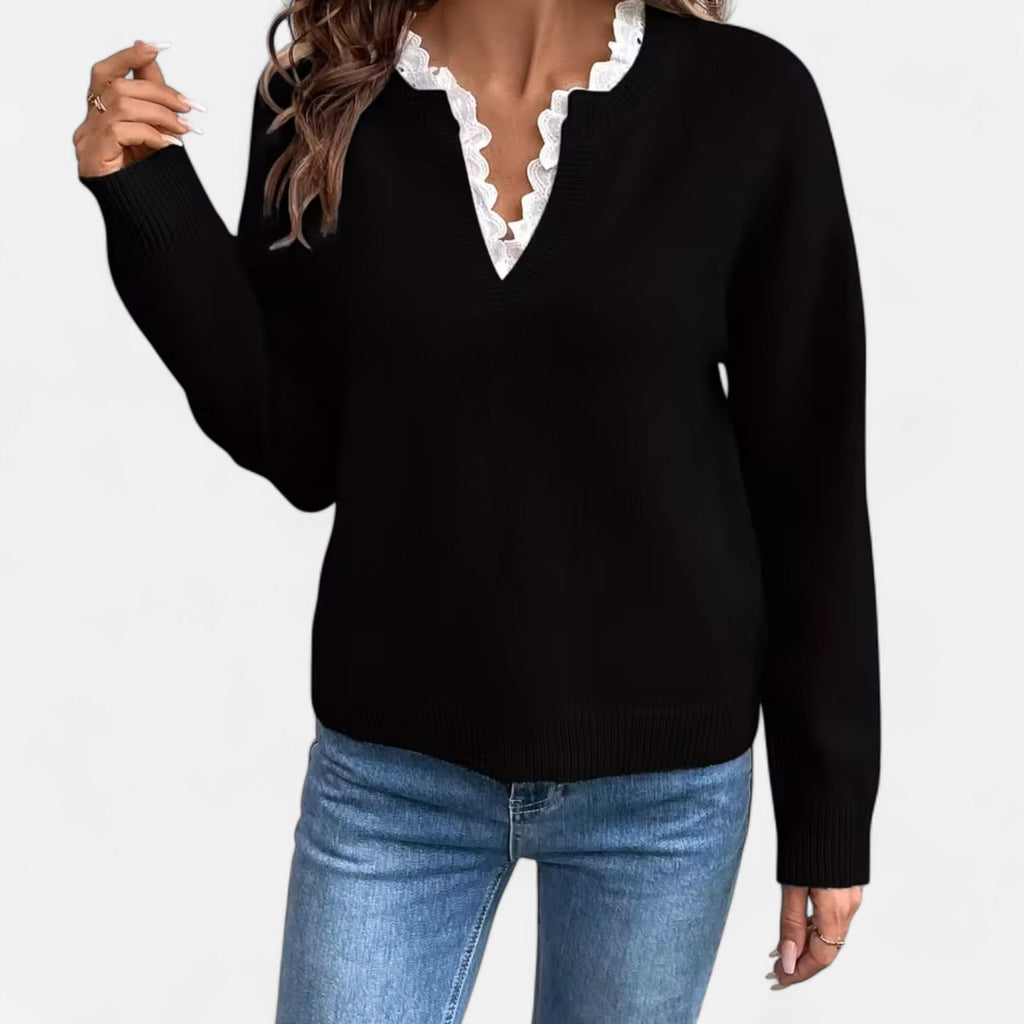Dorevelle Damen V-Ausschnitt Pullover mit Spitzenbesatz für einen eleganten Look