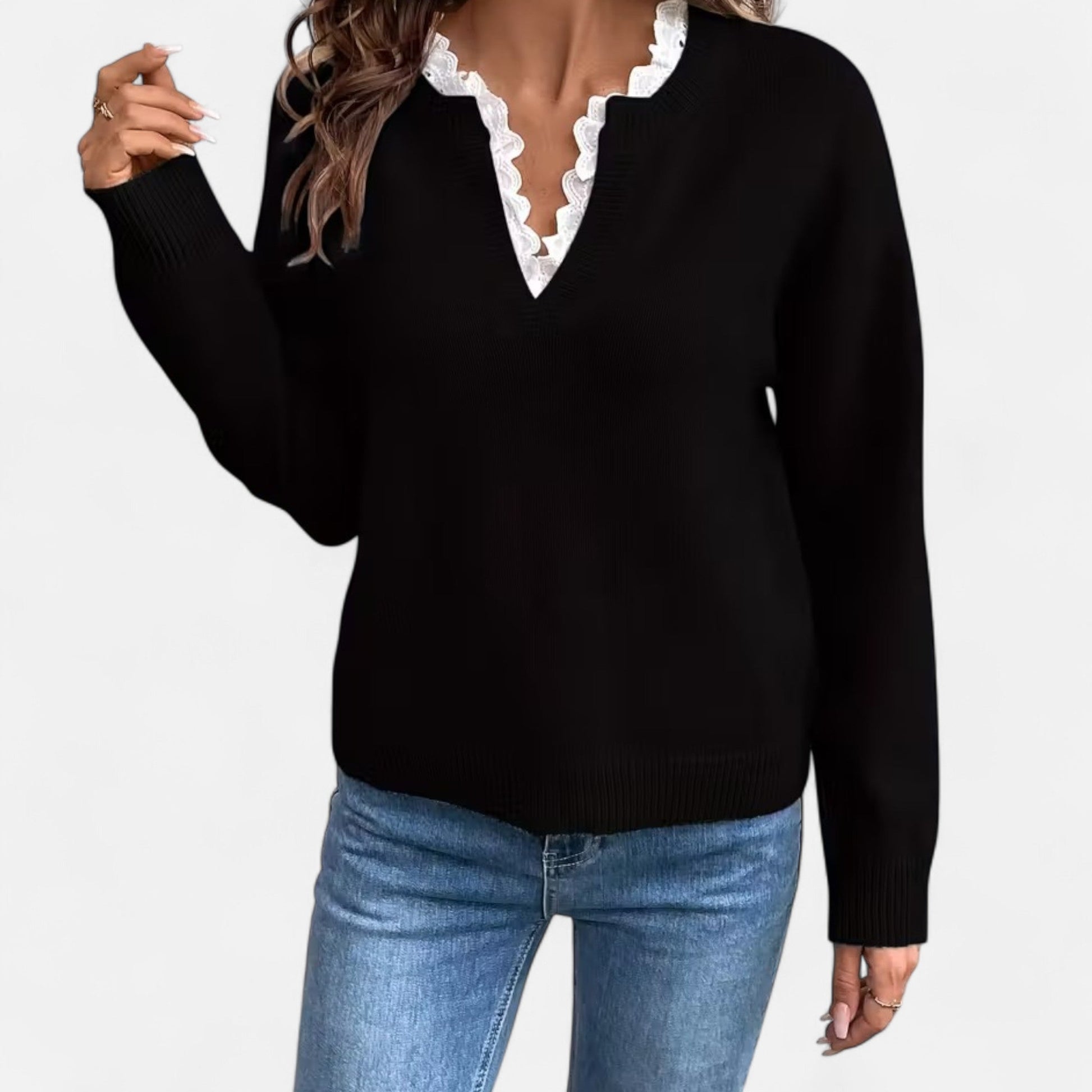 Dorevelle Damen V-Ausschnitt Pullover mit Spitzenbesatz für einen eleganten Look