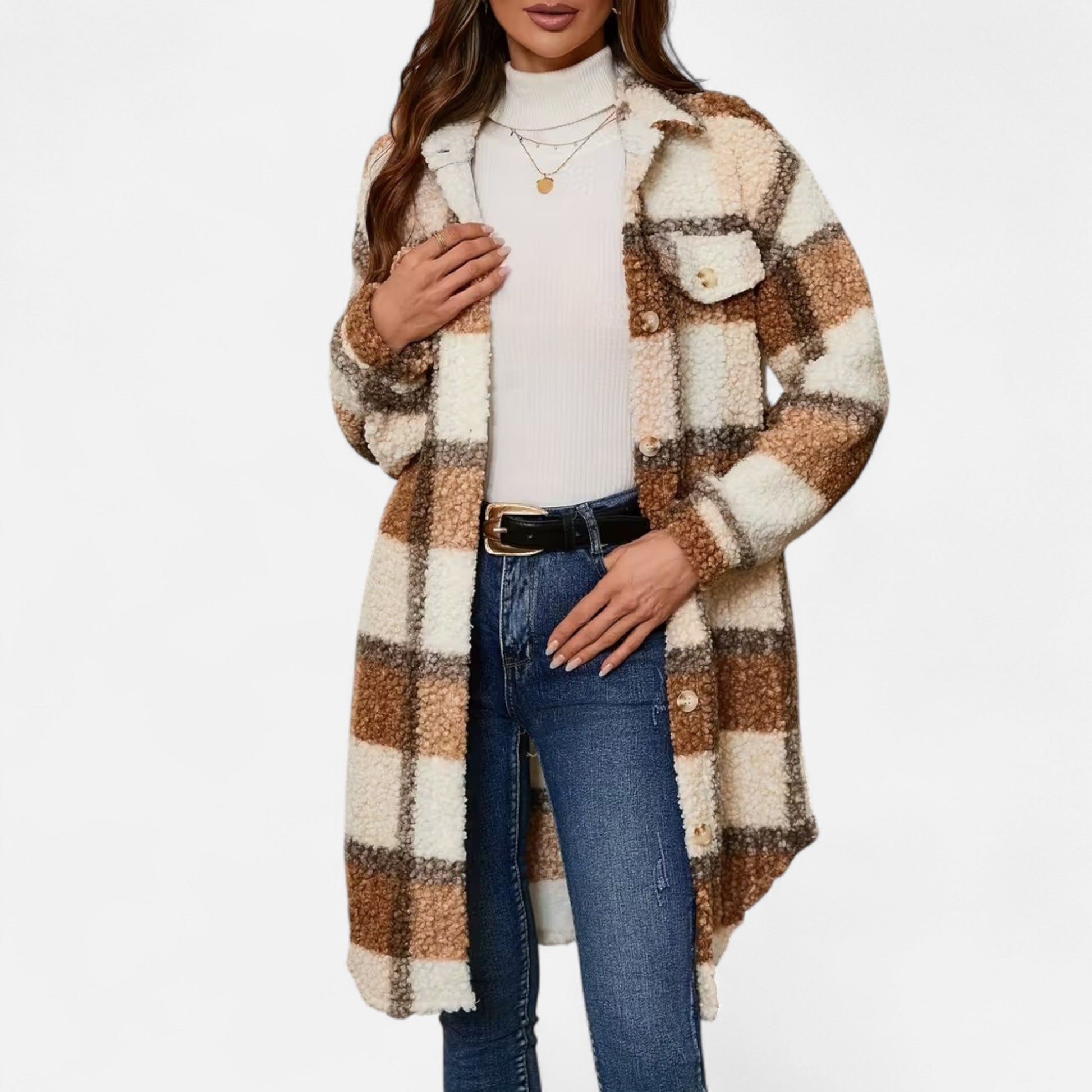 Dorevelle Women's Cozy Plaid Fuzzy Jacket with Button-Front Longline Style
