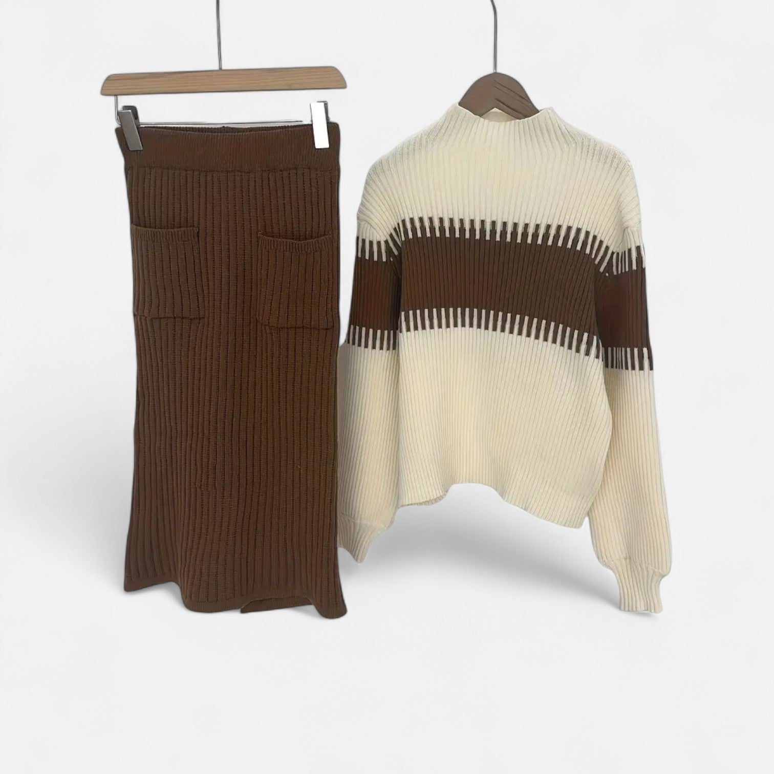 Dorevelle | Ensemble en Maille pour Femmes – Pullover à Col Haut et Jupe Mi-Longue Élégante