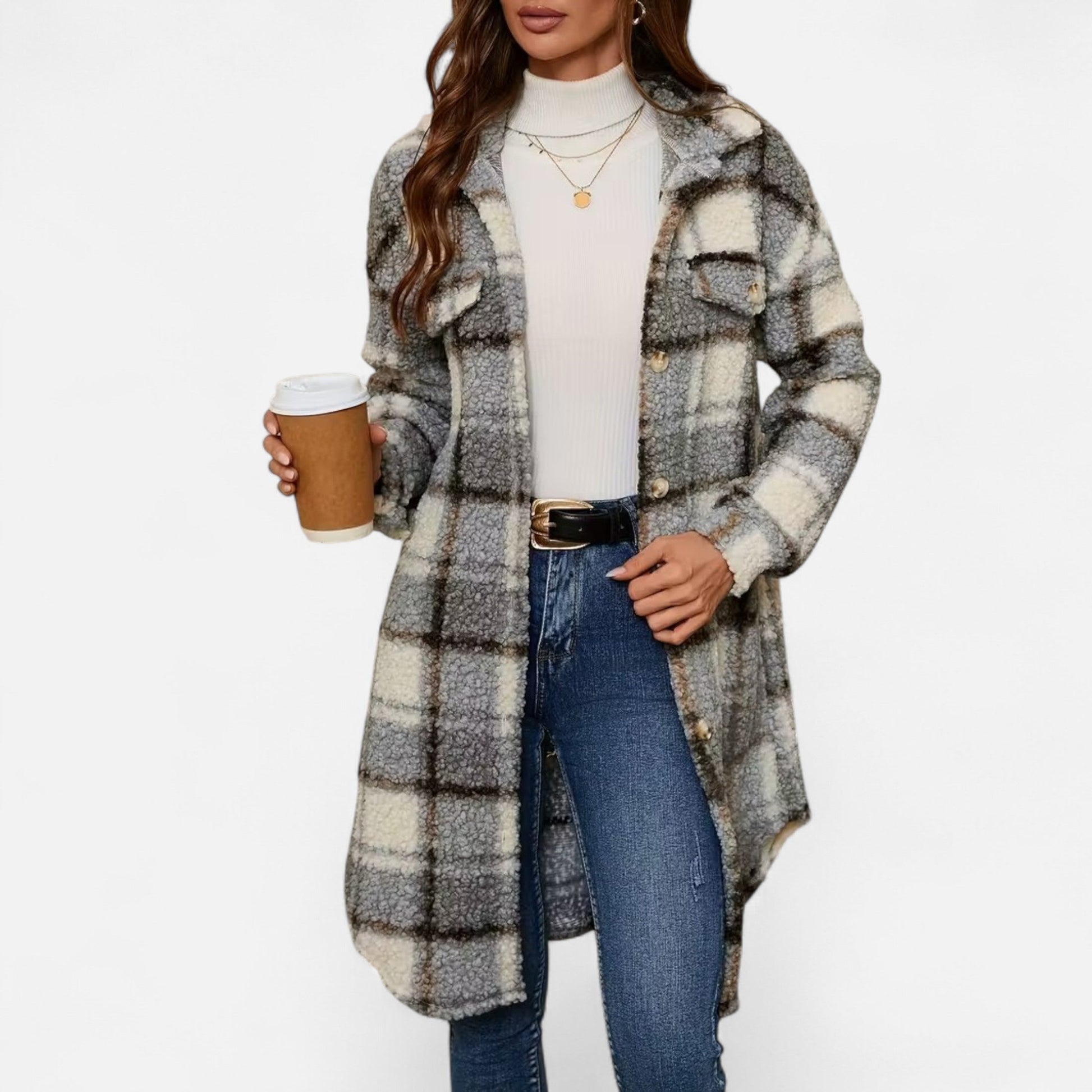 Dorevelle Women's Cozy Plaid Fuzzy Jacket with Button-Front Longline Style