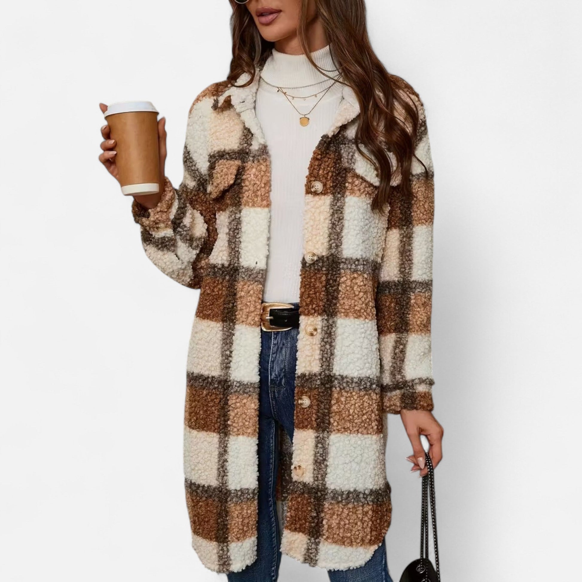 Dorevelle Women's Cozy Plaid Fuzzy Jacket with Button-Front Longline Style