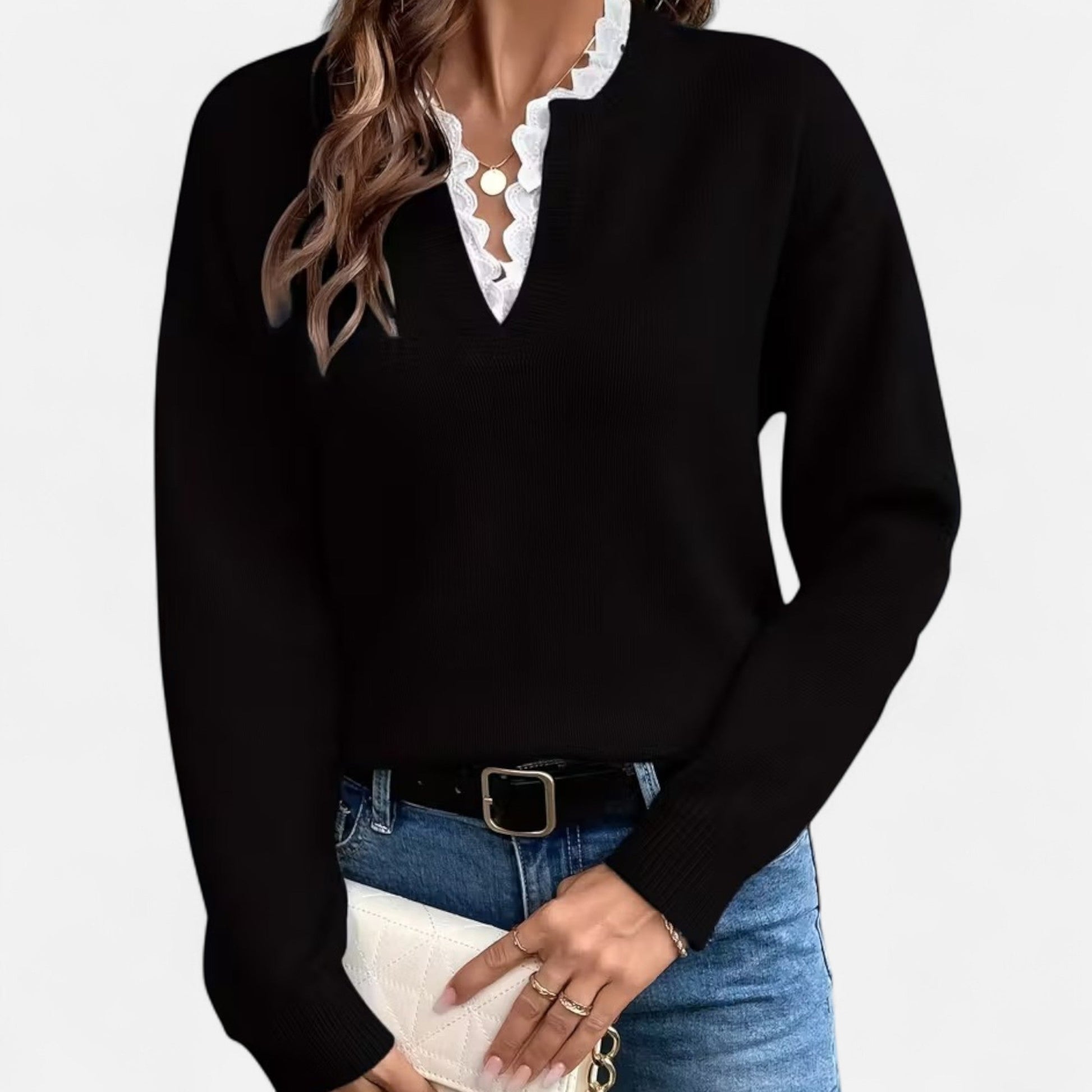 Dorevelle Damen V-Ausschnitt Pullover mit Spitzenbesatz für einen eleganten Look