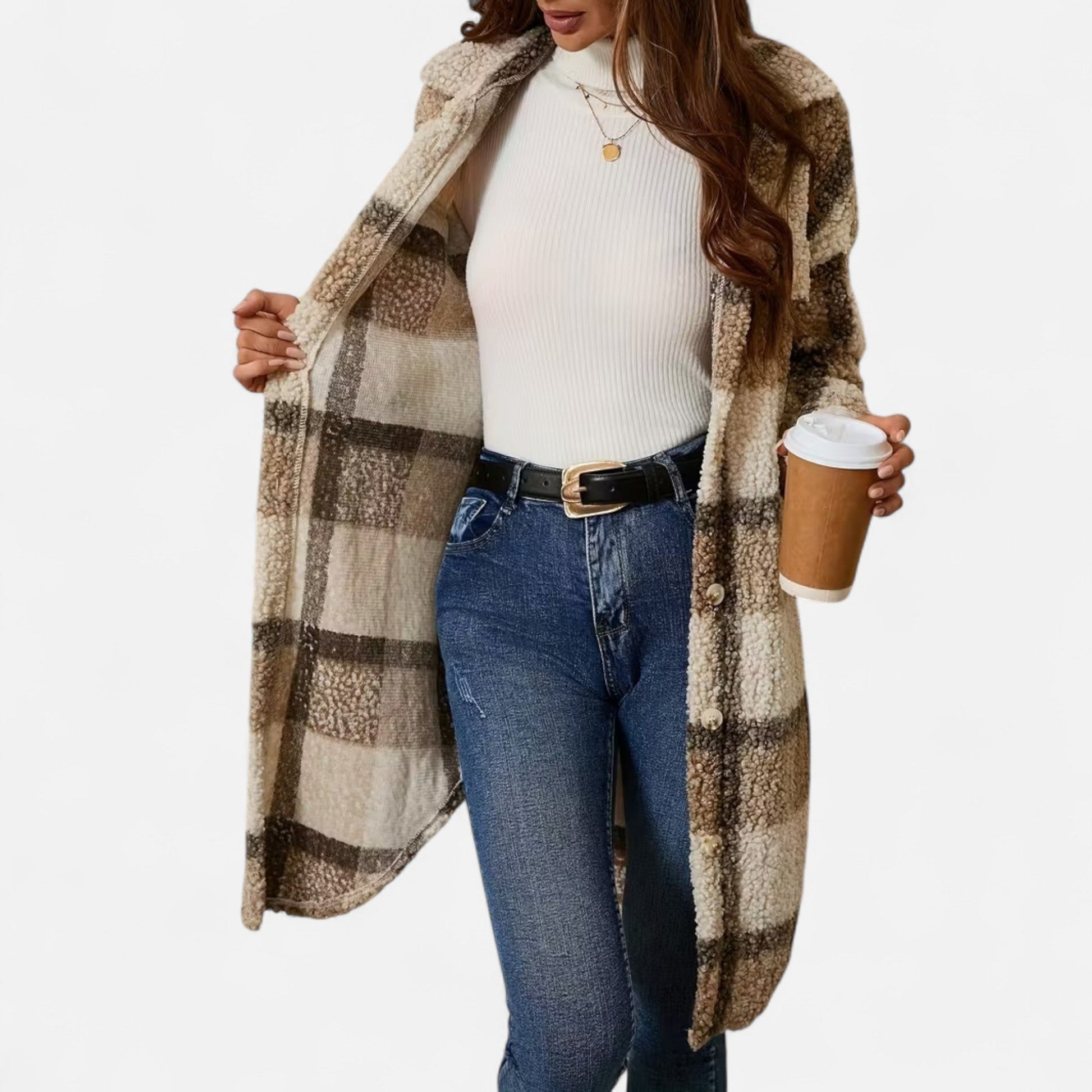 Dorevelle Women's Cozy Plaid Fuzzy Jacket with Button-Front Longline Style