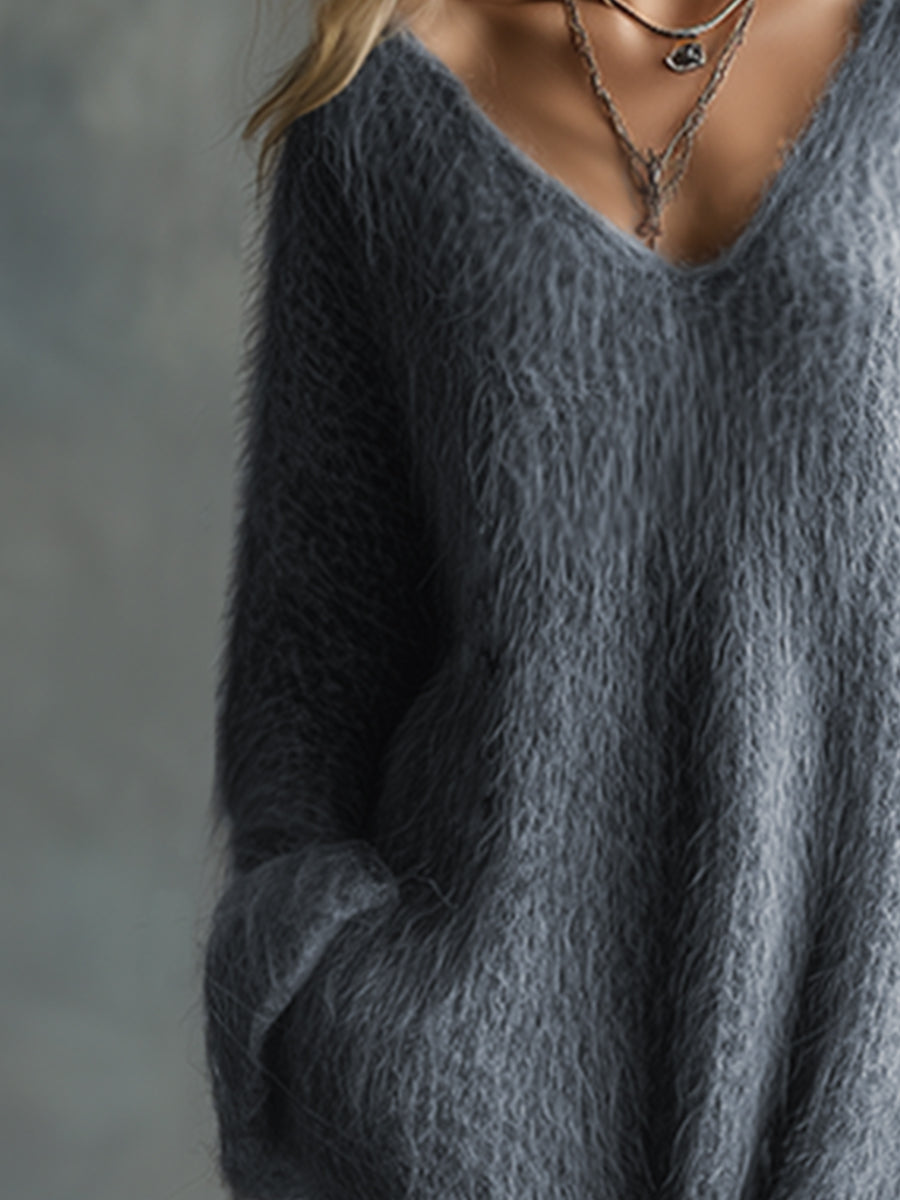Comfortable Lazy V-neck Gray Imitation Rabbit Fur Knitted Long-sleeved Maxi Dress